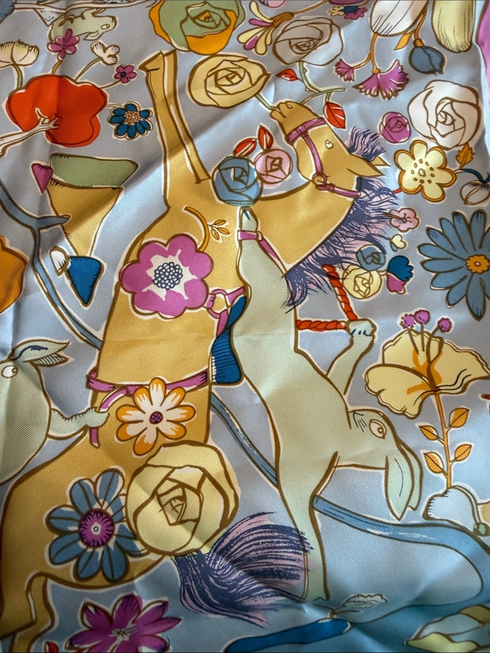 Hermes Multicolor Carousel Silk Scarf — Pastel Blue, Pink, Yellow, Gold Accents - Picture 5 of 13